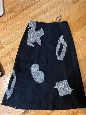 Tibi Black A-Line Skirt with White Abstract Embroidery